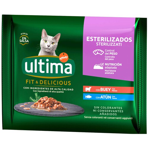 ULTIMA Alimentos gatos adultos esterilizados (buey, atún) ULTIMA 4 uds. x85