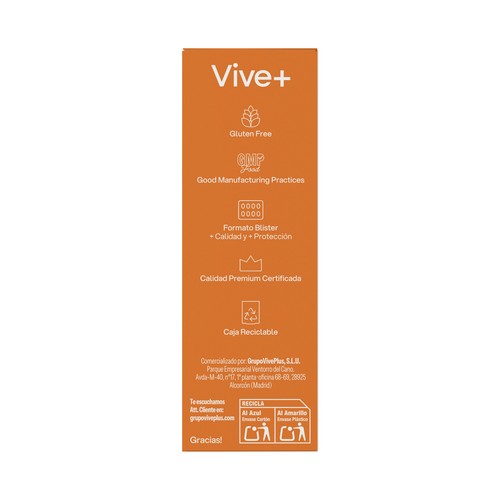 VIVE+ Vital energy Complemento alimenticio a base de cafeina, taurina y vitamina B12 30 uds.