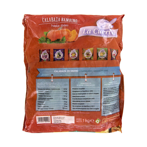 LA CUERVA Calabaza cortada en dados, 100% natural, sin conservantes ni colorantes LA CUERVA 1 kg.
