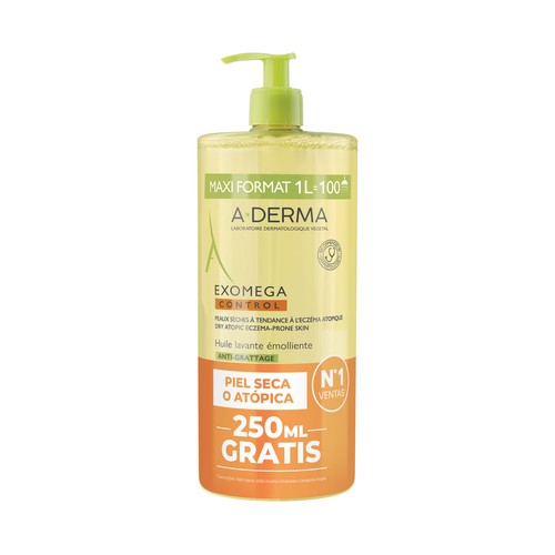 A DERMA Exomega control Aceite limpiador emoliente, anti picor, para pieles secas o atópicas 1 l. 