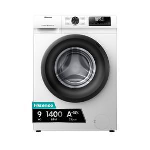 Lavadora HISENSE WF1Q9041BW 9KG, color blanca, clasificación energética: A, 1400RPM, H: 84,5cm, A: 59,5cm, F: 54cm.