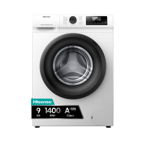 Lavadora HISENSE WF1Q9041BW  9KG, color blanca, clasificación energética: A, 1400RPM, H: 84,5cm, A: 59,5cm, F: 54cm.