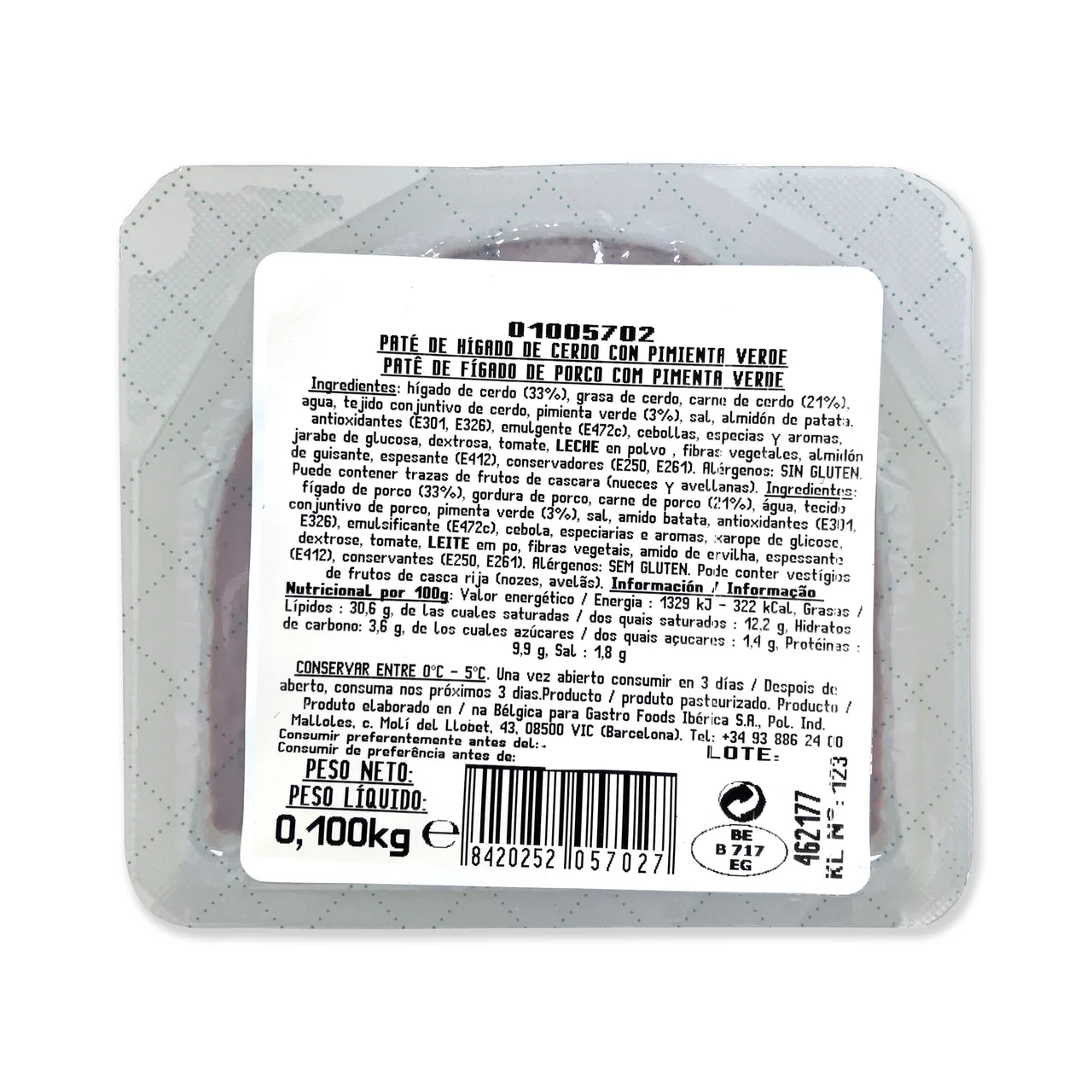 Paté tradiconal a la pimienta verde 100 g.