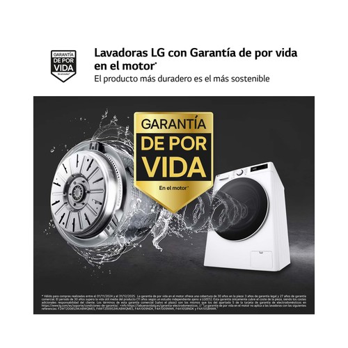 Lavadora LG F2WR5S09A0W 9KG, clasificación energética: A, 1200RPM,H: 85cm, A: 60cm, F: 47,5cm.