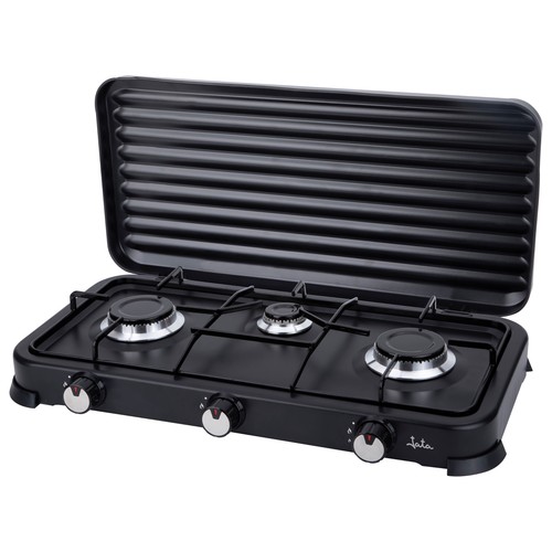 Cocina gas portátil JATA JECG2703 3 quemadores, tapa protectora extraíble.