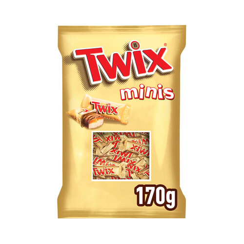 Barritas de chocolate (caramelo y galleta cubiertos de chocolate con leche) TWIX Minis 170 gramos.