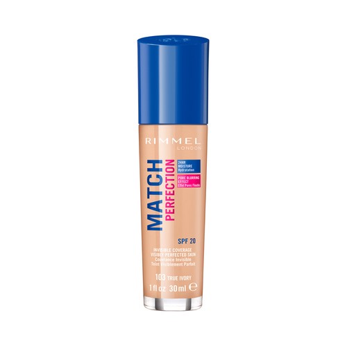 RIMMEL Match perfection tono 103 True Ivory Fondo de maquillaje con complejo hidratante y SPF 20.
