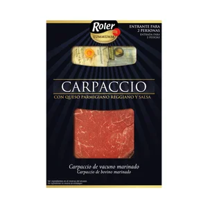 Carpaccio de vacuno marinado, con queso parmigiano reggiano y salsa ROLER Summumm 80 g.