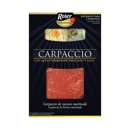 Carpaccio de vacuno marinado, con queso parmigiano reggiano y salsa ROLER Summumm 80 g.