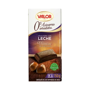 VALOR Chocolate con leche con mousse de avellanas, sin azúcares añadidos 150 g.