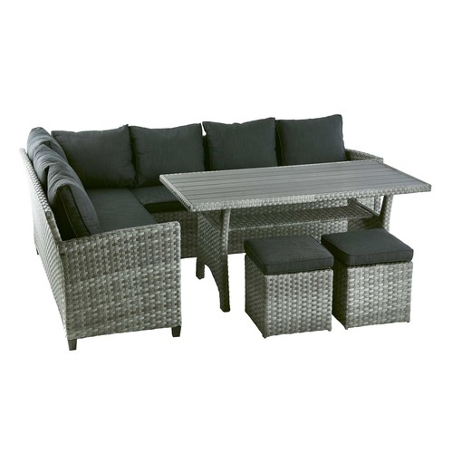 Conjunto jardín 5 piezas GARDENSTAR ALCAMPO MONTREAL con 1 sofá rinconera, 1 sofá, 2 pufs y 1 mesa.