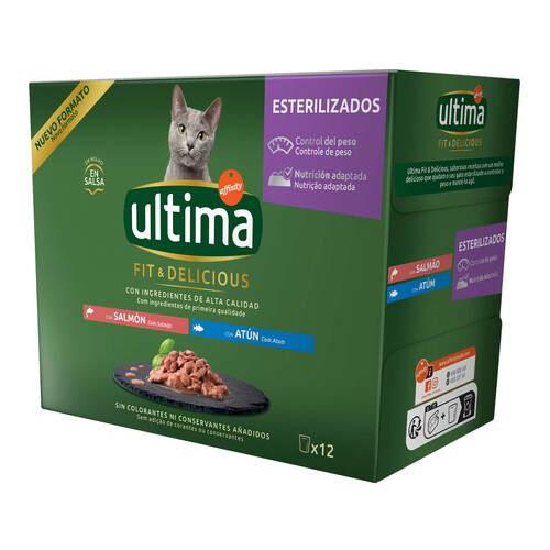 ULTIMA Pienso para gatos esterilizados húmedo a base de salmón y atún ULTIMA 12 uds. 85 gr.
