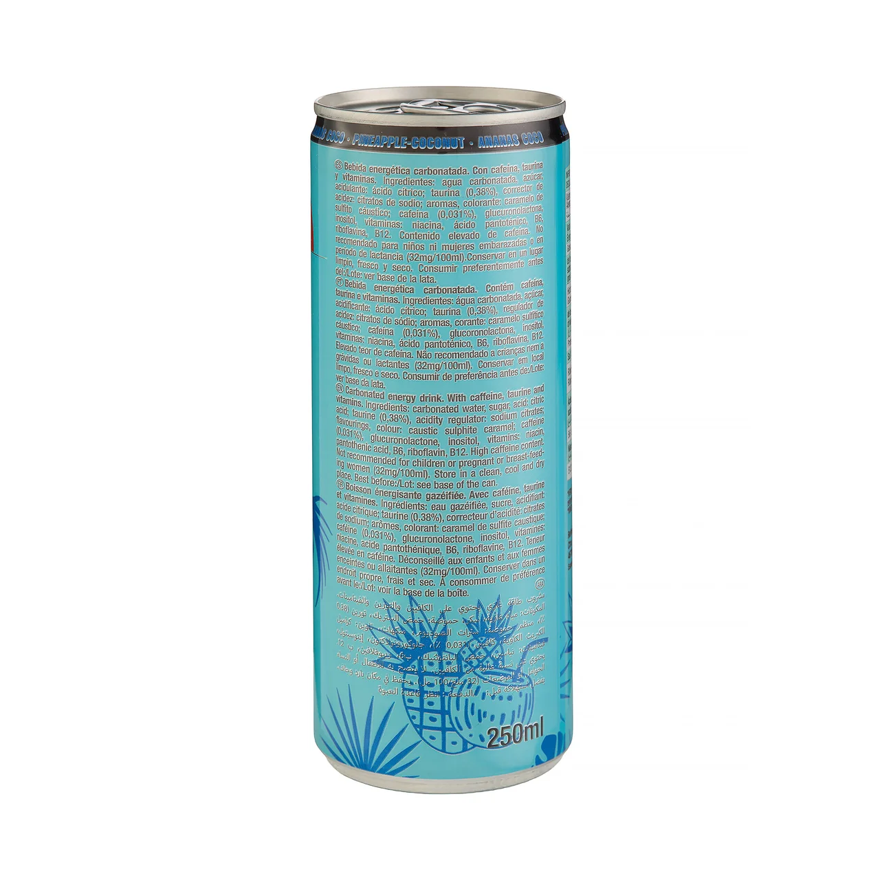 Bebida energética sabor piña coco lata 250 ml.