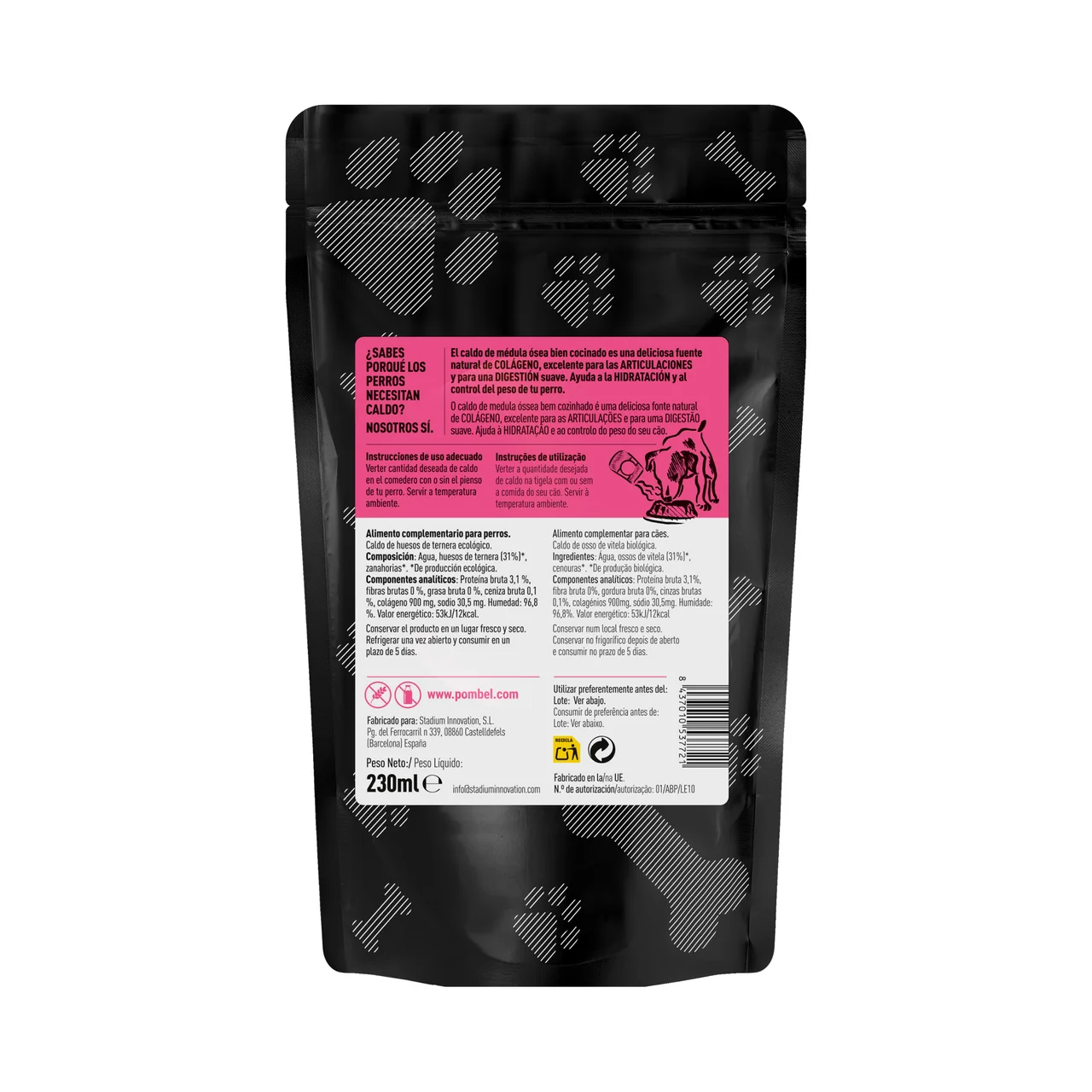 PET"BEL Caldo de hueso de ternera ecológica para perros 230 ml.