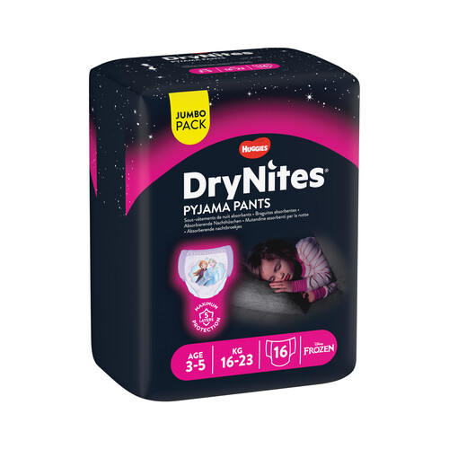 DRYNITES Pañales de noche talla 6 (braguitas absorbentes), para niñas de 16 a 23 kilogramos y de 3 a 5 años DRYNITES Pijama pants 16 uds.