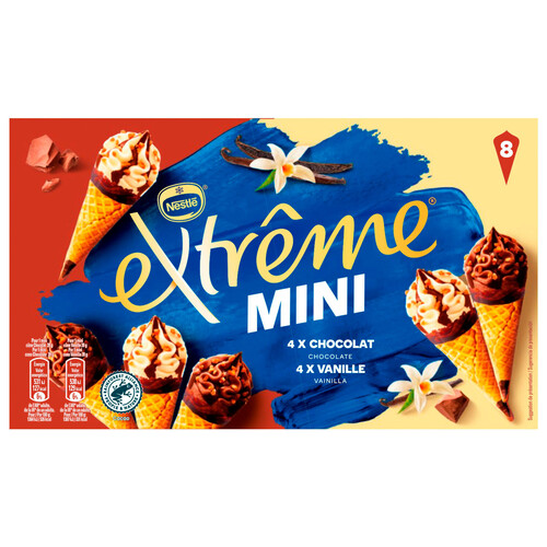 EXTRÈME Mini conos de helado de vainilla (4) y chocolate (4) con sirope y trocitos de almendras EXTRÉME de Nestlé 8 x 60 ml.