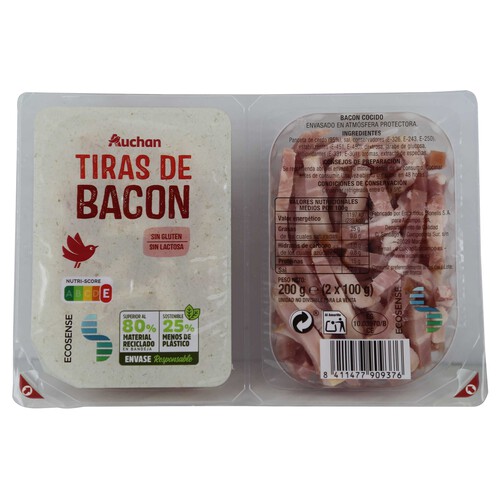 AUCHAN Tiras de bacon cocido elaboradas sin gluten ni lactosa 2 x 100 g. Producto Alcampo