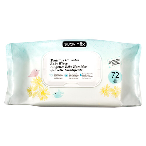 Toallitas humedas con aloe vera y camomila, para la limpieza de nuestro bebe SUAVINEX 72 uds.