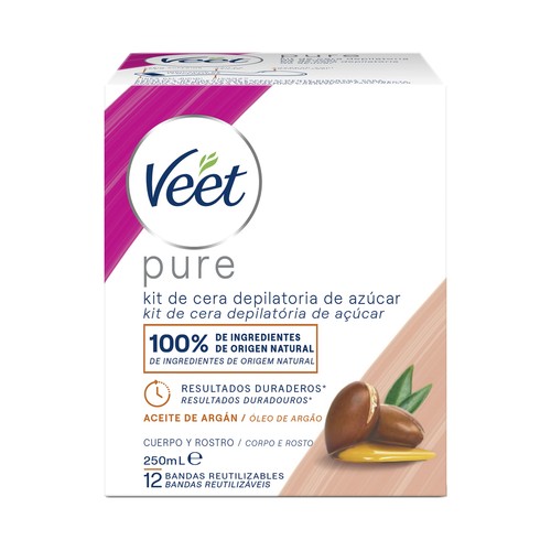 VEET Pure Kit de cera depilatoria de azúcar, para cuerpo y rostro 250 ml.