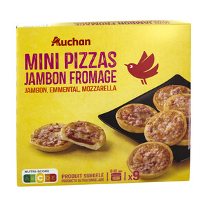 Imagen de AUCHAN Mini pizzas congeladas de jamón y queso (Emmental y Mozzarella) 270 g. Producto Alcampo