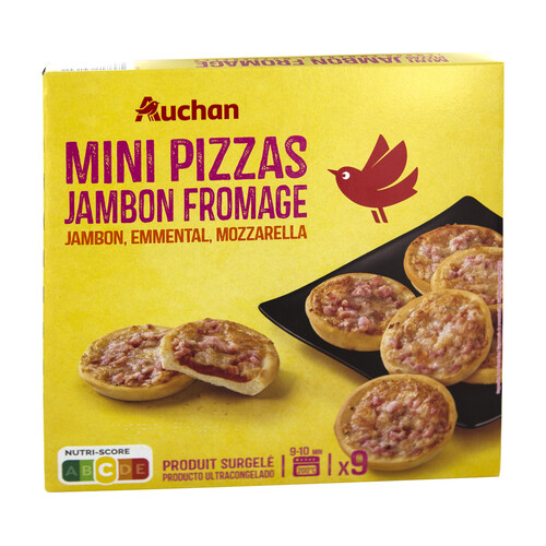 AUCHAN Mini pizzas congeladas de jamón y queso (Emmental y Mozzarella) 270 g. Producto Alcampo