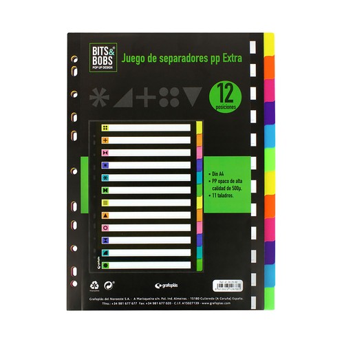 Juego separadores A4 flúor, 12 posiciones, GRAFOPLAS.