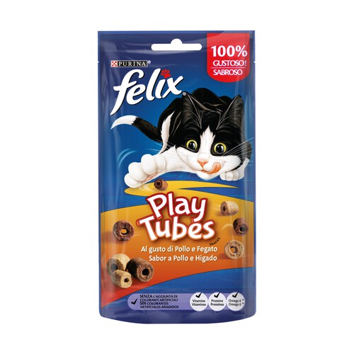 FELIX Snack para gatos sabor a pollo e hígado , Play Tubes, PURINA FÉLIX 50 g.