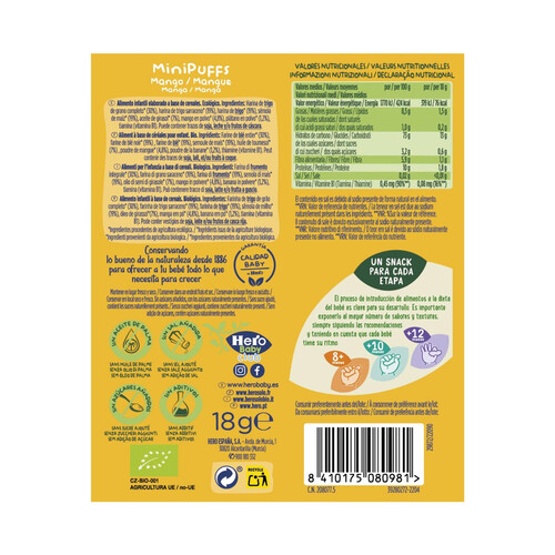 HERO Snacks infantiles no fritos y sin azúcares añadidos. de cereales y mango ecológicos, a partir de 8 meses HERO Solo 18 g.