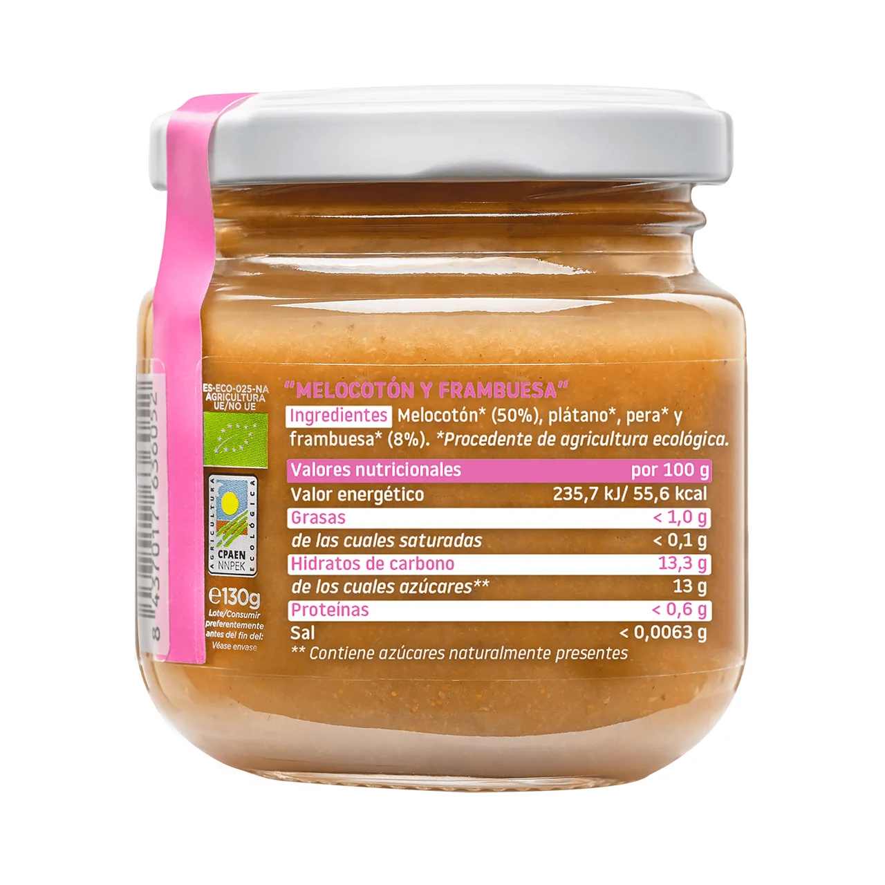 SMILEAT Tarrito de fruta (melocotón y frabuesa) 100% ecológica, a partir de 6 meses 130 g.