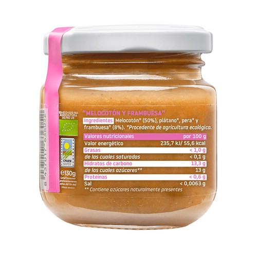 SMILEAT Tarrito de fruta (melocotón y frabuesa) 100% ecológica, a partir de 6 meses 130 g.
