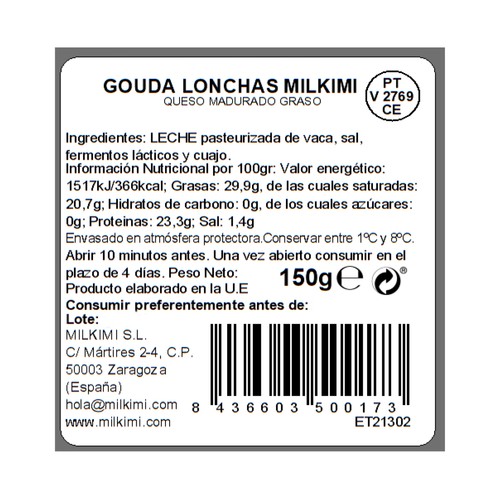 MILKIMI Queso lonchas Gouda MILKIMI 150 g.
