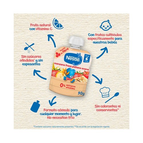 NESTLÉ Bolsita (pouch) de fruta (manzana, fresa y plátano) y avena, a partir de 6 meses 90 g.