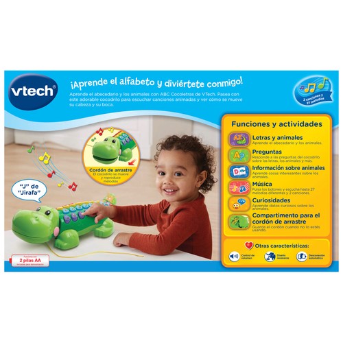 Alfabeto interactivo con luces y sonidos, forma de cocodrilo y 5 modos de juego VTECH.