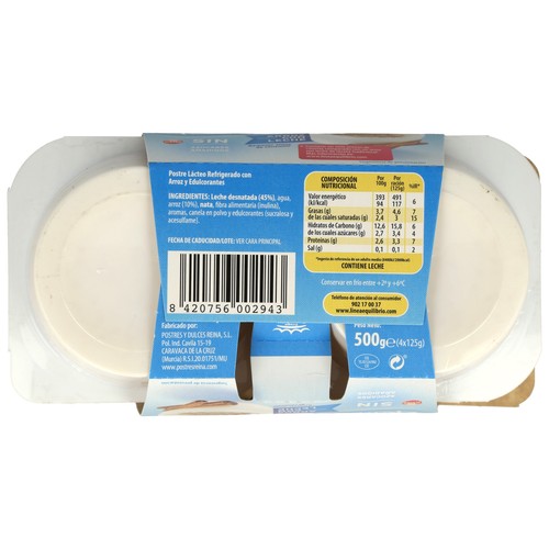 REINA Arroz con leche sin gluten y sin azucares añadidos REINA Ekilibrio 4 x 125 g.