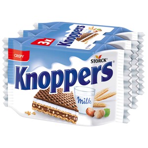 KNOPPERS Galletas barquillos relleno con crema de leche y praliné cubierto de chocolate KNOPPERS 3 uds. 75 g.