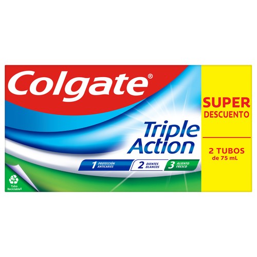 COLGATE Triple acción Pasta de dientes con flúor, calcio y sabor a menta 2 x 75 ml.