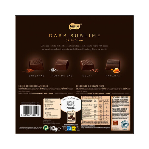 NESTLÉ Surtido bombones chocolate negro, 70 % cacao NESTLÉ DARK SUBLIME 143 g.