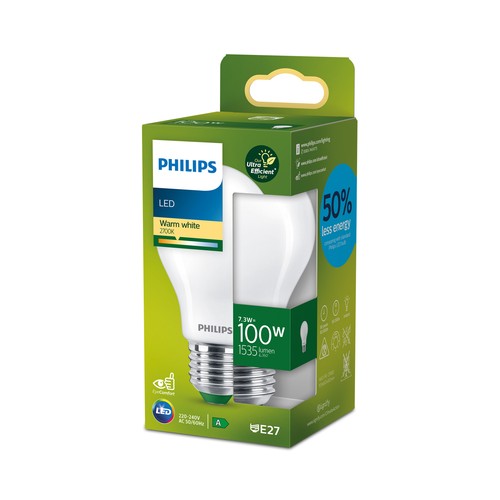 Bombilla Led E27, 7,3W=100W, luz cálida 2700K, 1535lm, PHILIPS.
