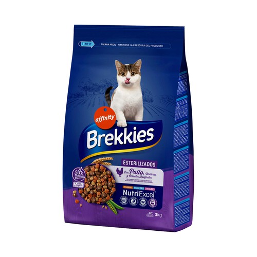 BREKKIES Pienso para gatos esterilizados a base de pollo y cereales integrales BREKKIES 3 kg.