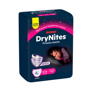DRYNITES Pyjama pants Pañales de noche (braguitas absorbentes) talla 3-4 años, para niñas de 12 a 21 kg. 6 uds.