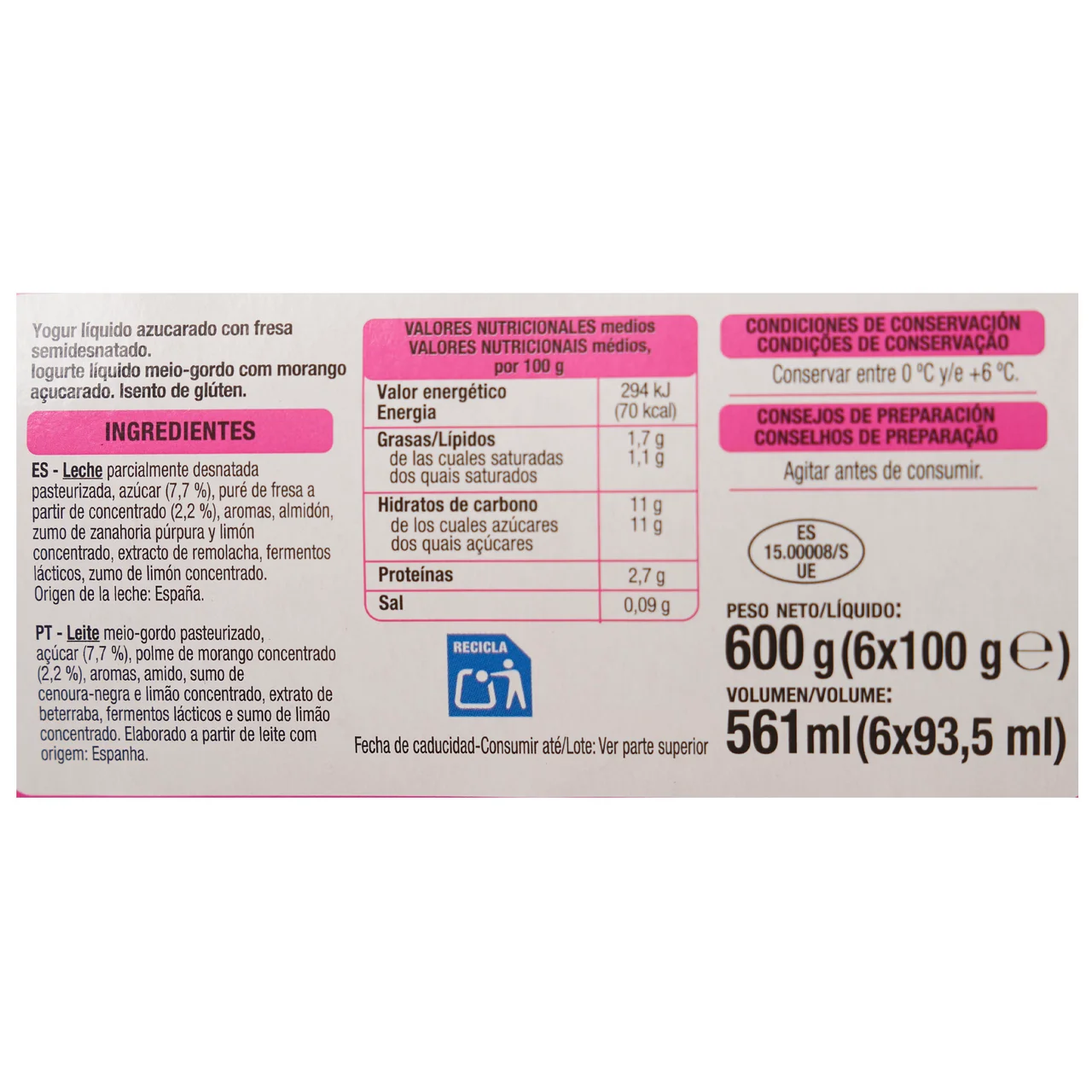 AUCHAN Yogur líquido para beber con fresa, elaborado sin gluten 6 x 93.5 ml. Producto Alcampo