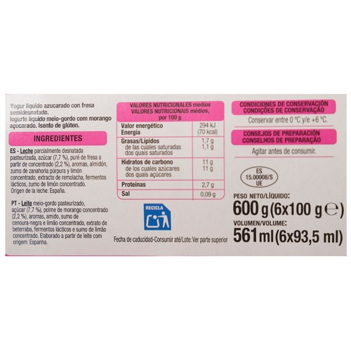 AUCHAN Yogur líquido para beber con fresa, elaborado sin gluten 6 x 93.5 ml. Producto Alcampo