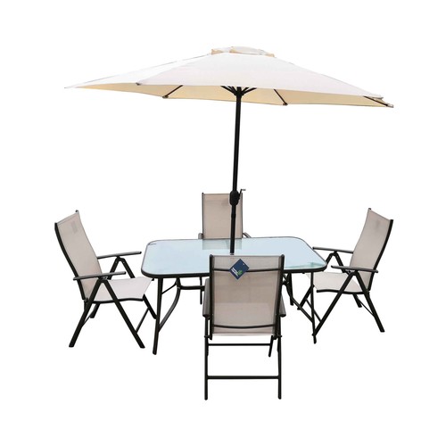 Conjunto de muebles de jardín 4 plazas con mesa, sombrilla y 4 sillas plegables, color Beige y Marrón, Mojácar IKUNIK