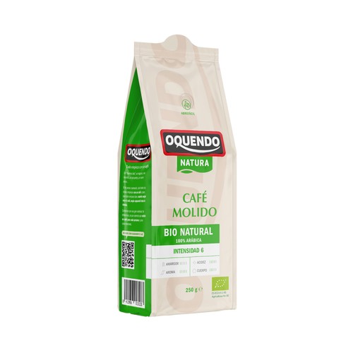 Café molido de tueste natural 100 % Arábica , procedente de agricultura ecológica OQUENDO 250 g.