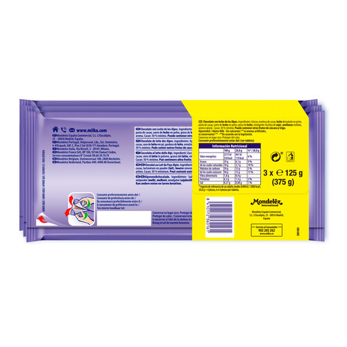MILKA Chocolate con leche 3 uds. MILKA 375 g.