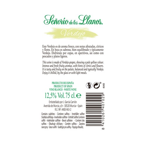 SEÑORÍO DE LOS LLANOS  Vino blanco verdejo sin D.O. SEÑORÍO DE LOS LLANOS botella de 75 cl.