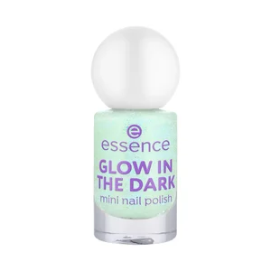 ESSENCE Glow in the dark tono 01 verde menta claro brillante Mini esmalte de uñas que brilla en la oscuridad.