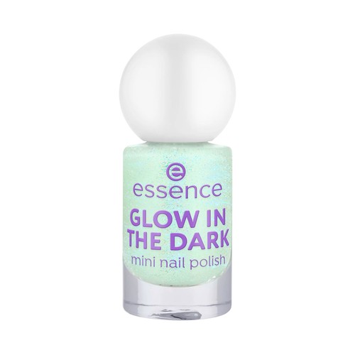 ESSENCE Glow in the dark tono 01 verde menta claro brillante Mini esmalte de uñas que brilla en la oscuridad.