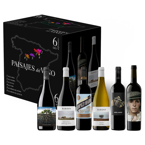 Estuche con 6 botellas de vino de diferentes denominaciones de origen PAISAJES DEL VINO.