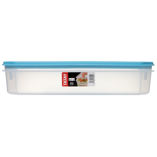 Recipiente para alimentos cuadrado de plástico transparente con tapa color azul, 2,1 litros TATAY.